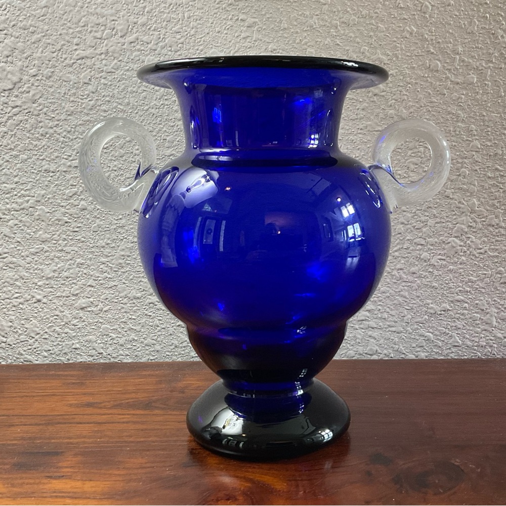 Vtg Cobalt Blue, Footed Glass Vase with Handles, Artisan Blown Glass, Poland